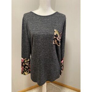 a.gain Womens Size 2XL Soft Knit black leopard Floral trim Top